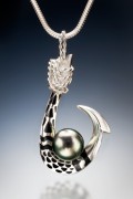 Hawaiian Tattoo Makau Tahitian Black Pearl Pendant in sterling silver  with black enamel